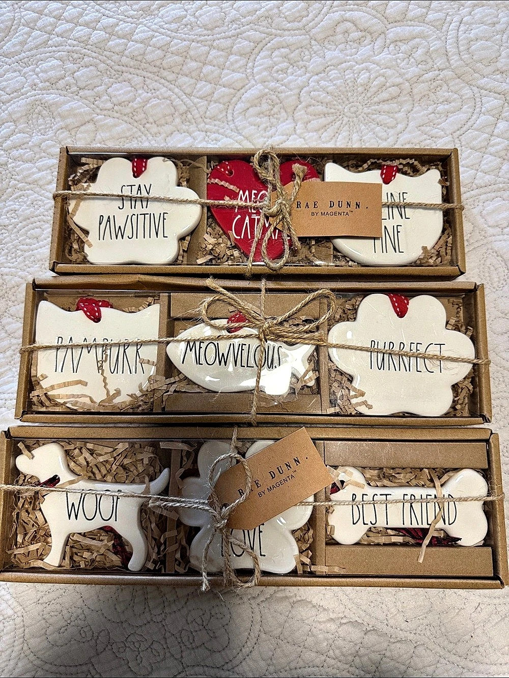 Rae Dunn Pet Ceramic Christmas Ornaments Boxed Set